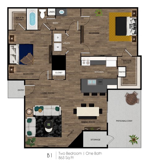Floor plan for 2 beds, 1 bath, 863 sqft